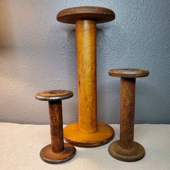 Vintage Wooden Textile Spools Primitive Home Decor Set of 3 Huge Medium Small - Picture 3 of 11